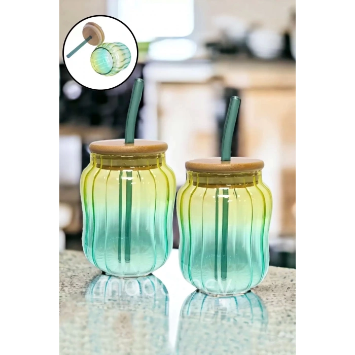 2li Emerald Bambu Kapaklı Pipetli Cam Bardak Isıya Dayanıklı New Still