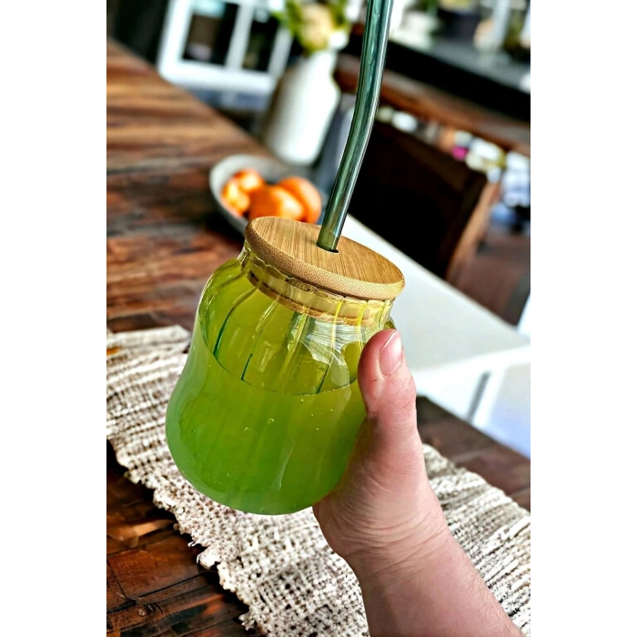 2li Emerald Bambu Kapaklı Pipetli Cam Bardak Isıya Dayanıklı New Still