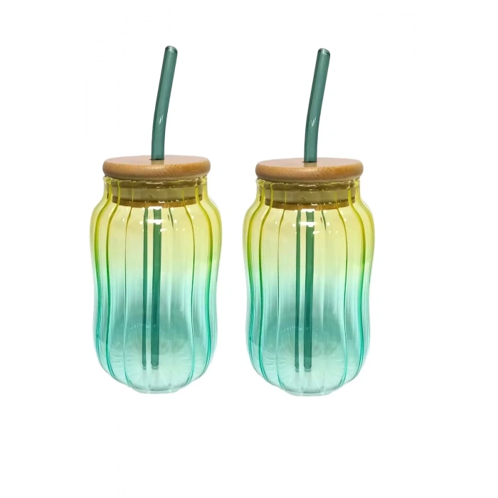 2li Emerald Bambu Kapaklı Pipetli Cam Bardak Isıya Dayanıklı New Still