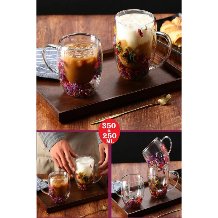 2li Flower Cup Çift Cidarlı Çiçekli Bardak Sunum Bardağı Set  El Yapımı Borosilikat  250 Ml 350 Ml