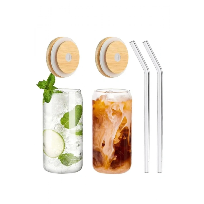 2Li Isıya Dayanıklı Cam Pipetli Bambu Kapaklı Bubble Tea Ve Borosilikat Bardak 550 Ml.