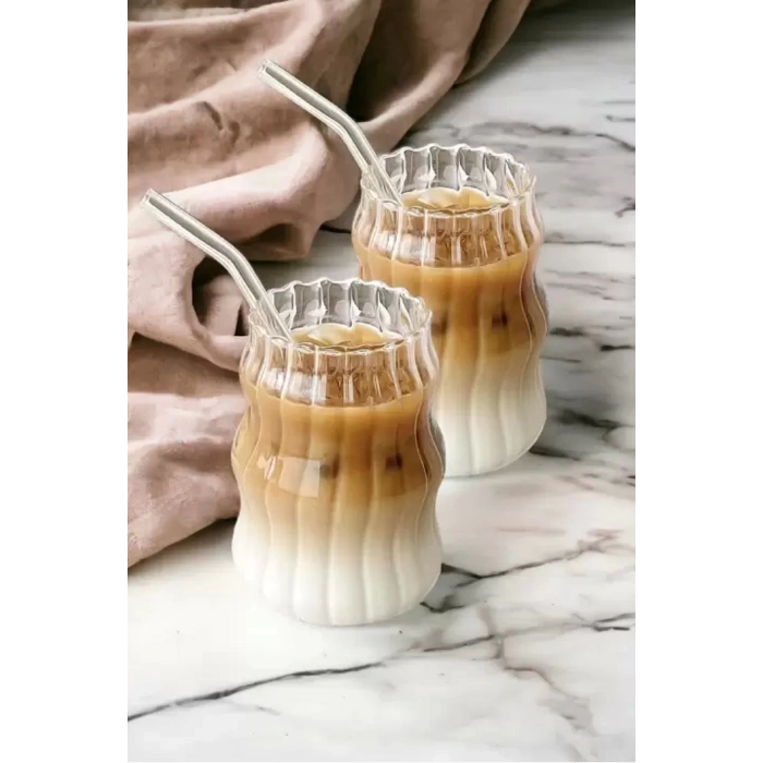 2li Pipetli İskandinav Tarz Burgu Cam Bardak Seti Kahve Kokteyl Sunum Bardağı Borosilikat 400 ml.