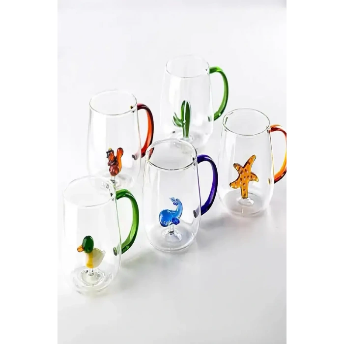 2li  Sevimli Karikatürler Bardağı  Figürlü Cam Bardak 3D Kawaii Renkli Kulplu Sunum Fincanı 350 ml.