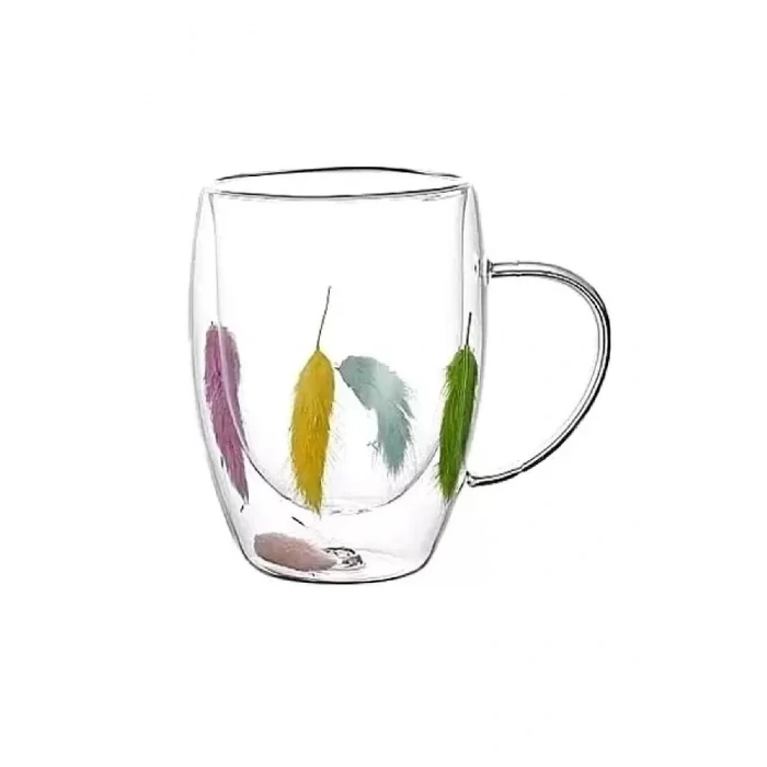 2li  Tüylü Cup  Çift Cidarlı350ml Çiçekli Bardak Kahve Çay Bardağı El Yapımı Kulplu Cam Bardak Seti