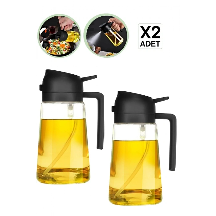 2li Çift Fonksiyonlu  550ml Zeytinyağı Sıvıyağ  Cam Yağdanlık Şişesi Airfryer Sprey Yağlık Püskürtücü