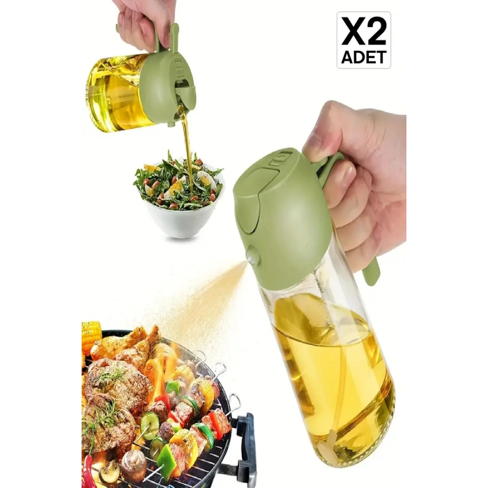 2Set Çift Fonksiyonlu Cam Yağdanlık Zeytinyağı Sıvıyağ Şişesi Airfryer Sprey Yağlık Püskürtücü Renk Yeşil