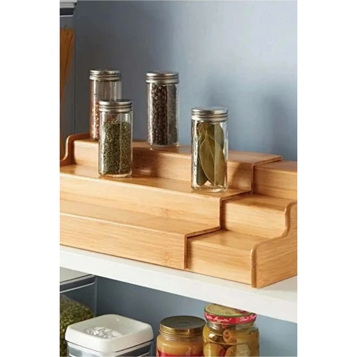 3 Katlı Açılır Baharatlık Düzenleyici Mutfak Rafı 57cm Büyük Boy Bambu Stand Organizer Tezgahüstü