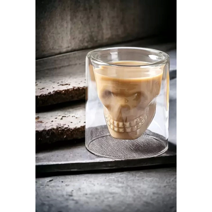 3lü Kuru Kafa Tasarımlı Çift Cidarlı Cam Bardak Kahve Sunum Bar