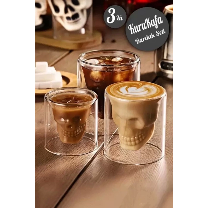 3lü Kuru Kafa Tasarımlı Çift Cidarlı Cam Bardak Kahve Sunum Bar