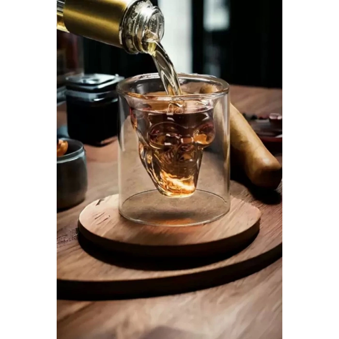 3lü Kuru Kafa Tasarımlı Çift Cidarlı Cam Bardak Kahve Sunum Bar