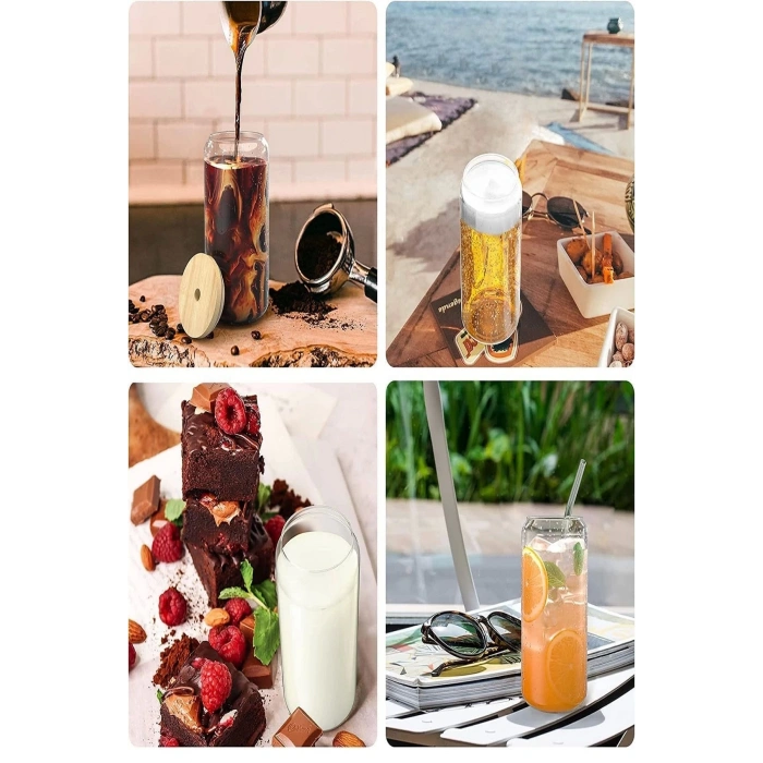 4lü Bambu Kapaklı Pipetli Cam Bardak Isıya Dayanıklı Borosilikat