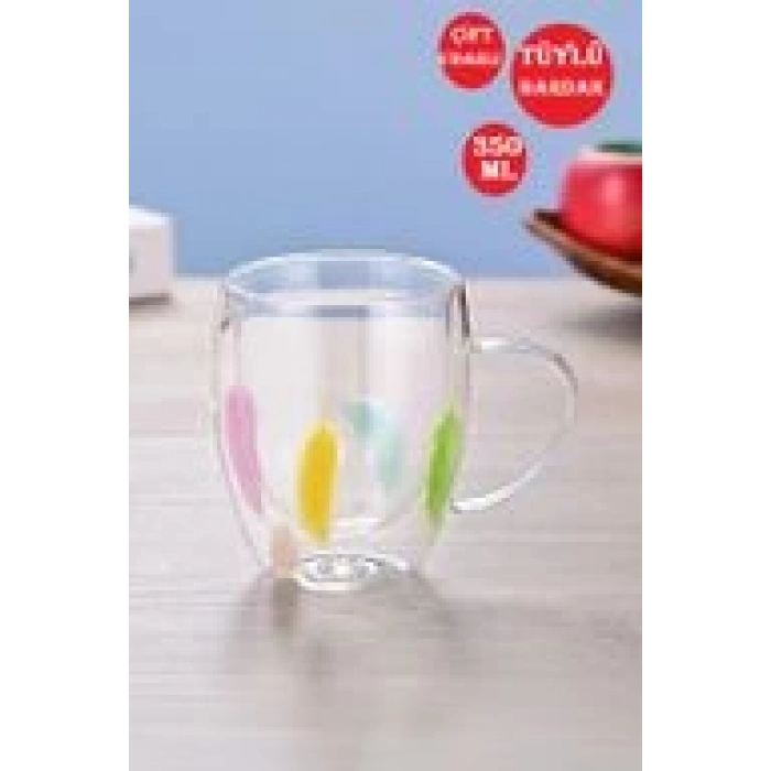 4lü Çift Cidarlı Tüylü Cup 350ml Çiçekli Bardak Kahve Çay Bardağı El Yapımı Kulplu Cam Bardak