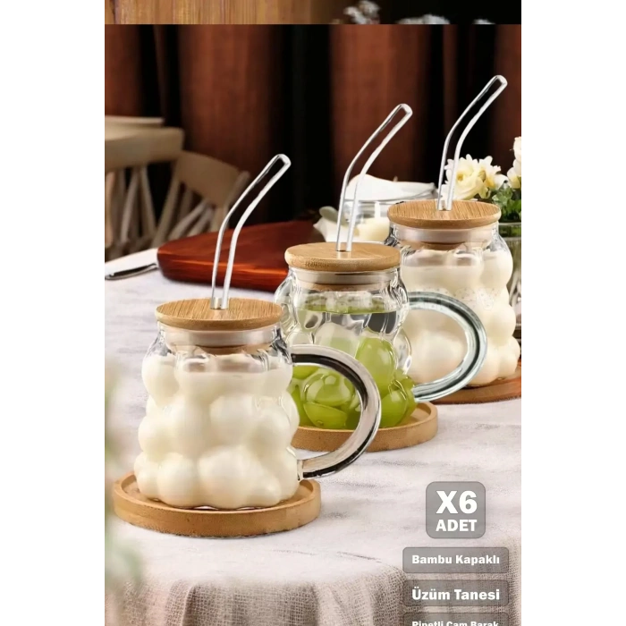 6lı Bambu Kapaklı Üzüm Tanesi Boncuk Bardak 350 ml Isıya Dayanıklı Cam Pipetli Kahve Sunum