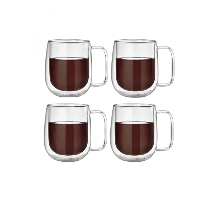 6lı Çift Camlı 350 ml Çift Cidarlı Cam Kupa Ev Ofis Fincanı Çift Katlı Isı Yalıtımlı Kulplu Bardak