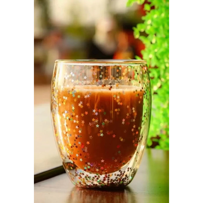 Yıldız Simli Çift Cidarlı Bardak Kahve Sunum Kokteyl Bardağı Isıya