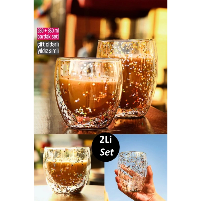 Yıldız Simli Çift Cidarlı Bardak Kahve Sunum Kokteyl Bardağı Isıya