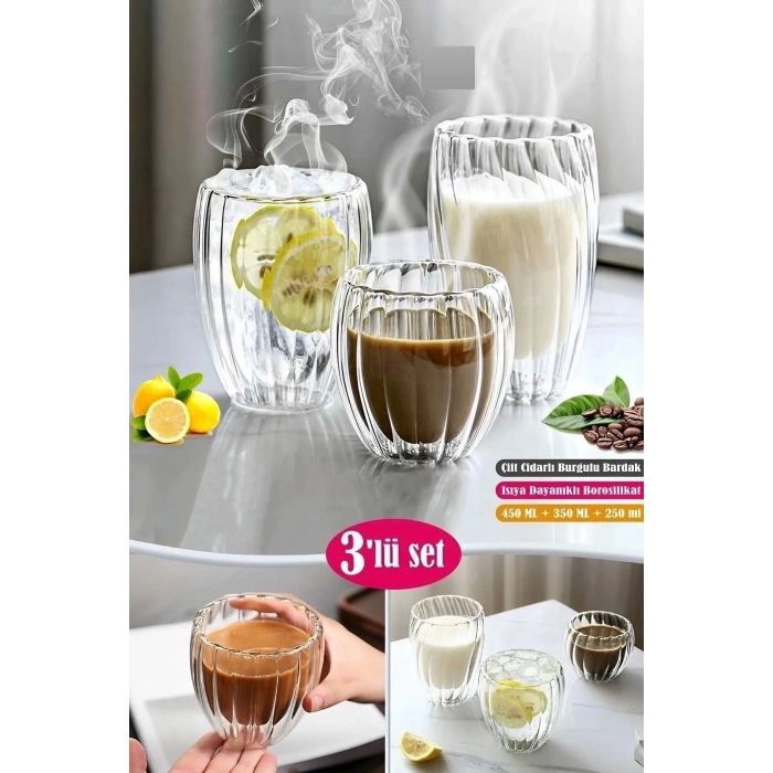 3lü Çift Cidarlı Burgulu Kristal Cam Bardağı Çay Süt Kahve Kupası Sıcak & Soğuk