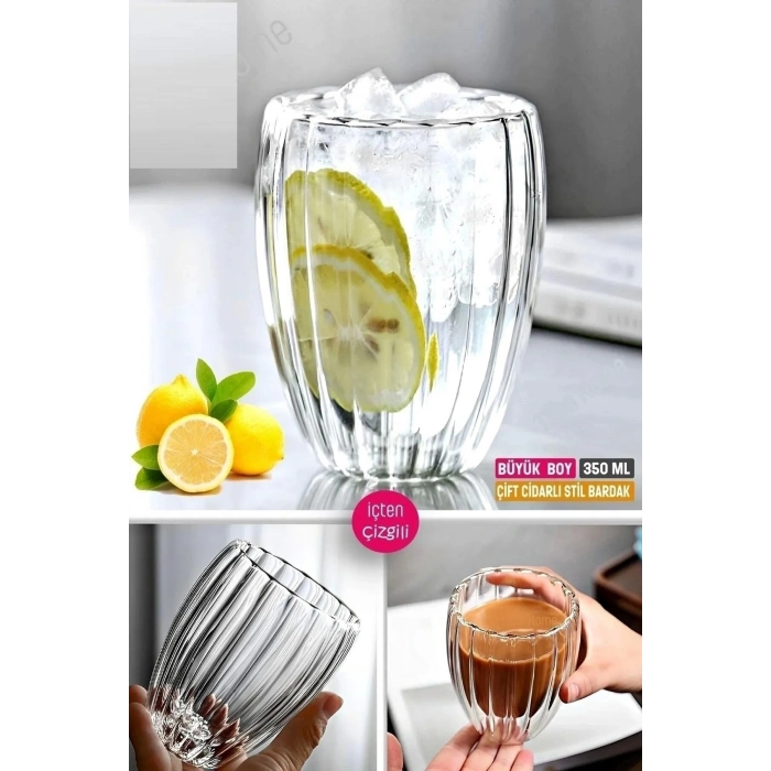 3lü Çift Cidarlı Burgulu Kristal Cam Bardağı Çay Süt Kahve Kupası Sıcak & Soğuk