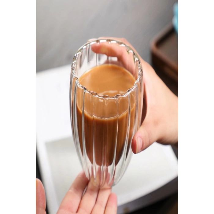 3lü Çift Cidarlı Burgulu Kristal Cam Bardağı Çay Süt Kahve Kupası Sıcak & Soğuk