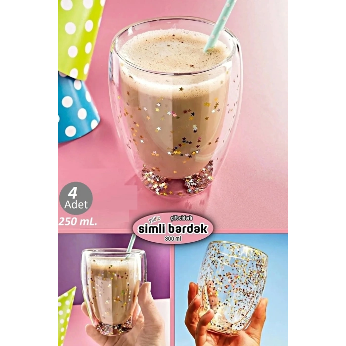4lü Çift Cidarlı Bardak Yıldız Simli Kahve Sunum Kokteyl Bardağı