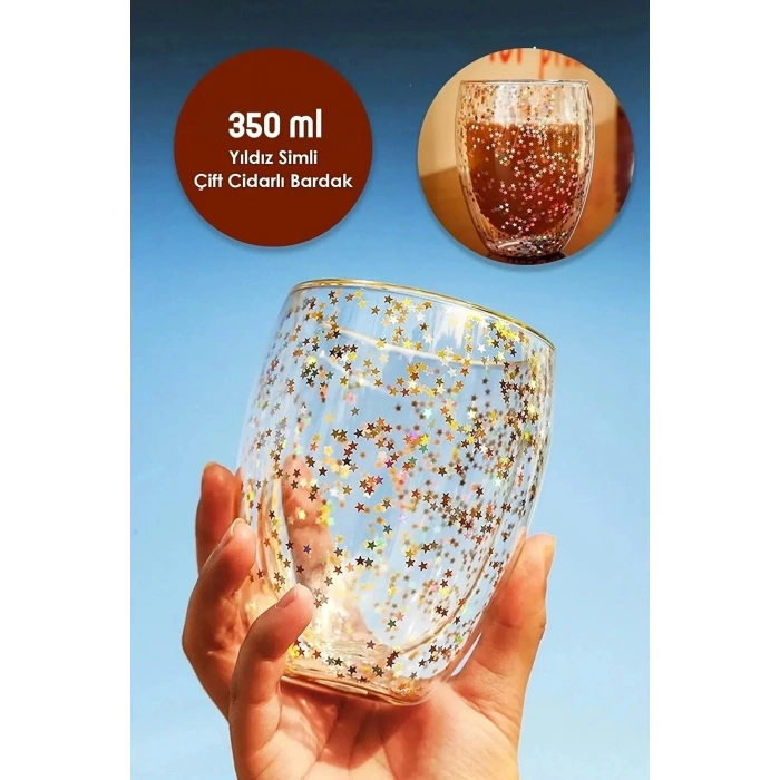 4lü Çift Cidarlı Bardak Yıldız Simli Kahve Sunum Kokteyl Bardağı