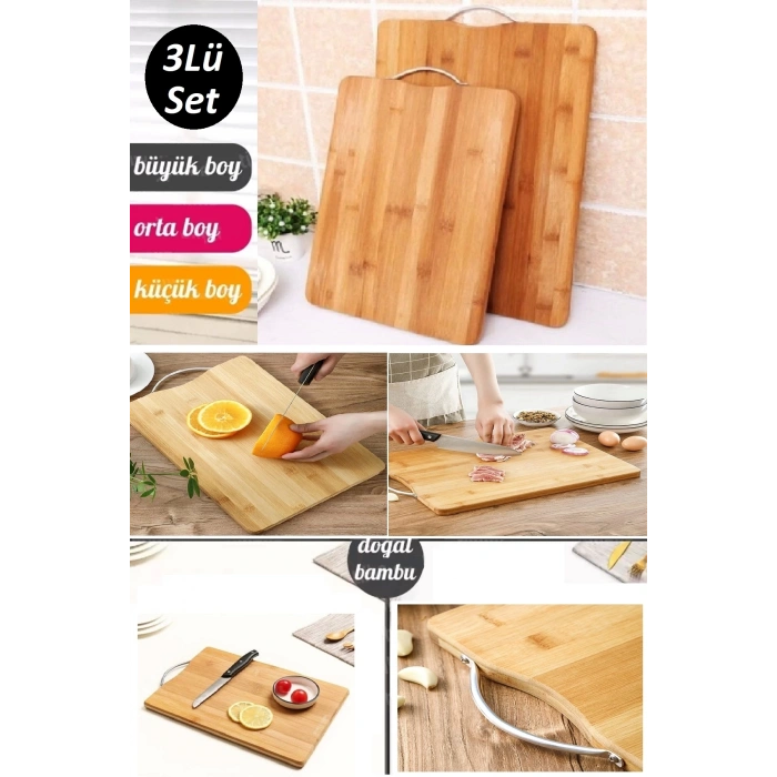 3lü Bambu Kesim Panosu Lüx Üç Boy Çelik Saplı Peynir Servis Sunum Tepsi