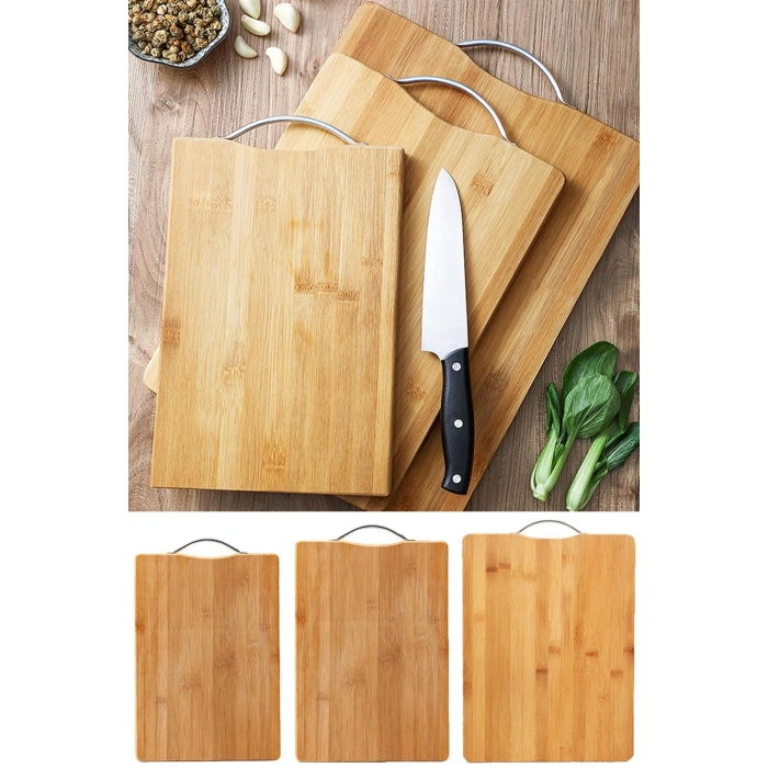 3lü Bambu Kesim Panosu Lüx Üç Boy Çelik Saplı Peynir Servis Sunum Tepsi