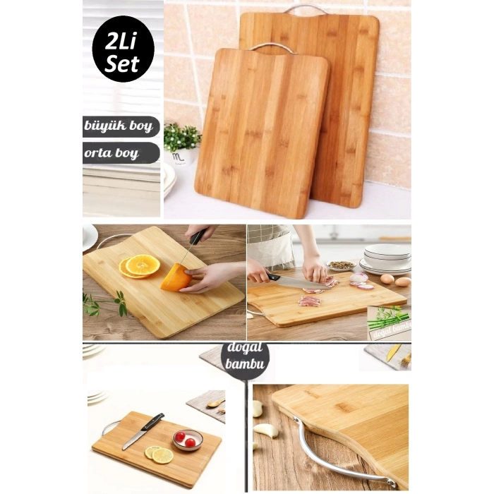 2li Bambu Kesim Panosu Lüx İki Boy Çelik Saplı Peynir Servis Sunum