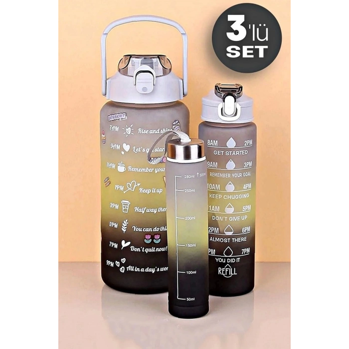 3lü Motivasyon Su Matarası Rengarenk Pipetli Su Şişesi Taşınabilir Seyahat Suluk Ve Matara