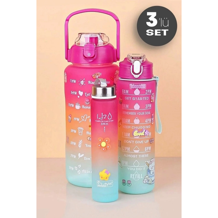 3lü Motivasyon Su Matarası Rengarenk  Pipetli Su Şişesi Taşınabilir Seyahat Suluk Ve Matara