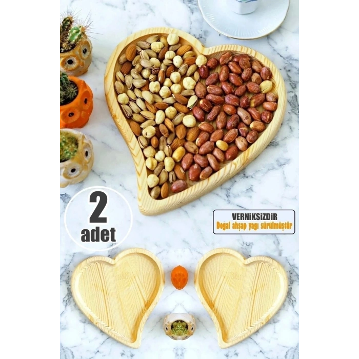 2li Doğal Ahşap Kalp Çerezlik Sunumluk Kuruyemiş Dekoratif