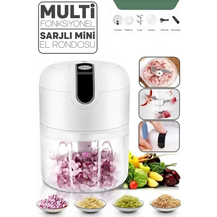 Şarjlı Mini El Rondosu Çelik 3 Bıçaklı 250 Ml Mutfak Robotu Hazneli Rondo