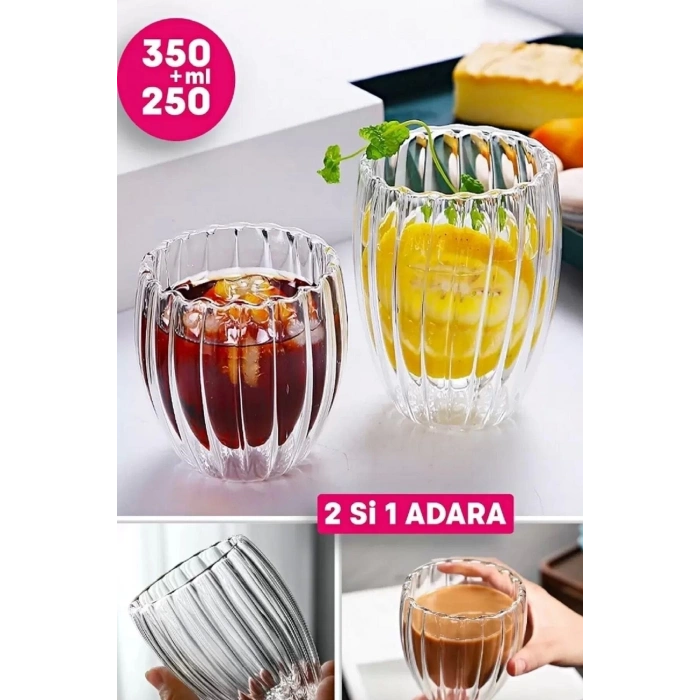 2li Çift Cidarlı Burgulu Kristal Cam Bardağı Çay Süt Kahve Kupası Sıcak &