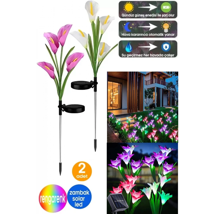 2li Zambak Çiçeği Led Lamba Güneş Enerjili Bahçe Aydınlatma Avlu Bahçe Yolu