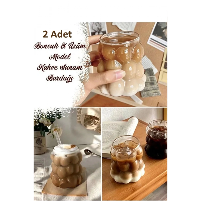 2 Li Set Isıya Dayanıklı Borosilikat Boncuk & Üzüm Şekilli Bardak Boncuklu Tasarım Meyve Suyu