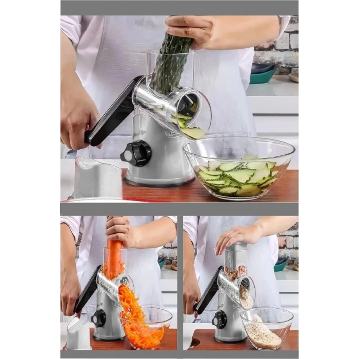 3 Bıçaklı Kollu Çevirmeli Mutfak Değirmeni Sebze Meyve Dilimleyici Doğrayıcı Öğütücü Lüks Rende