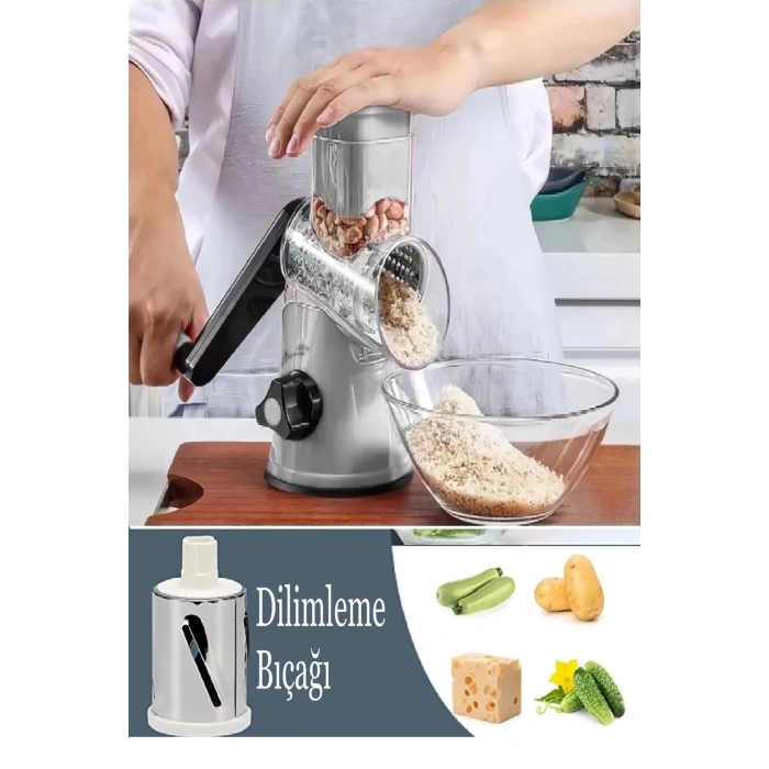 3 Bıçaklı Kollu Çevirmeli Mutfak Değirmeni Sebze Meyve Dilimleyici Doğrayıcı Öğütücü Lüks Rende