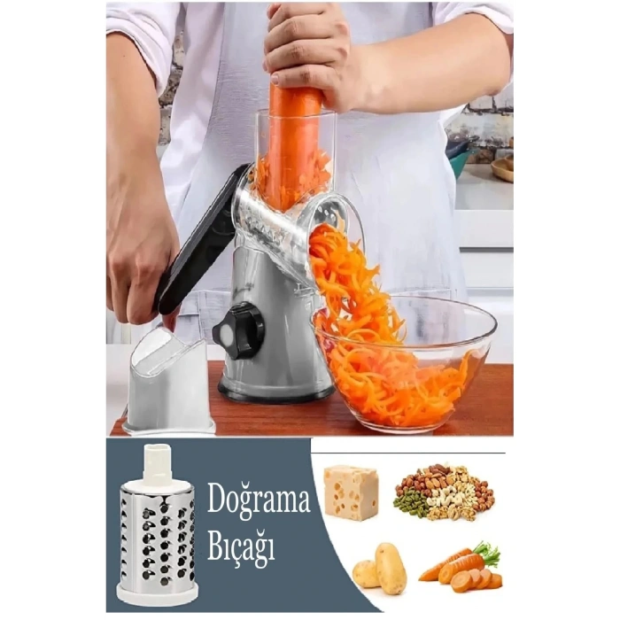 3 Bıçaklı Kollu Çevirmeli Mutfak Değirmeni Sebze Meyve Dilimleyici Doğrayıcı Öğütücü Lüks Rende