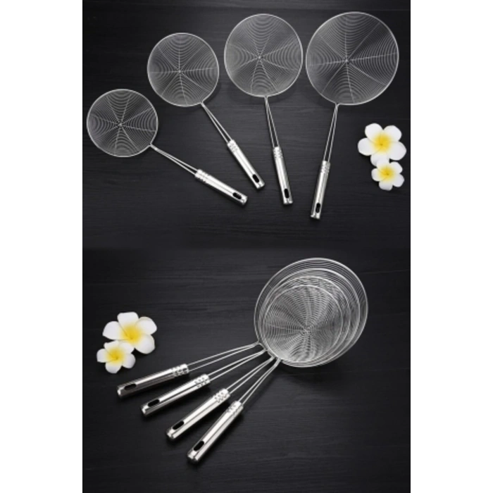 4 lü Çelik Kevgir Süzgeç Metal Saplı Kabak Sebze Patates Kızartma Yağ Süzgeci Tel