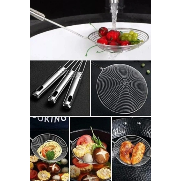 4 lü Çelik Kevgir Süzgeç Metal Saplı Kabak Sebze Patates Kızartma Yağ Süzgeci Tel