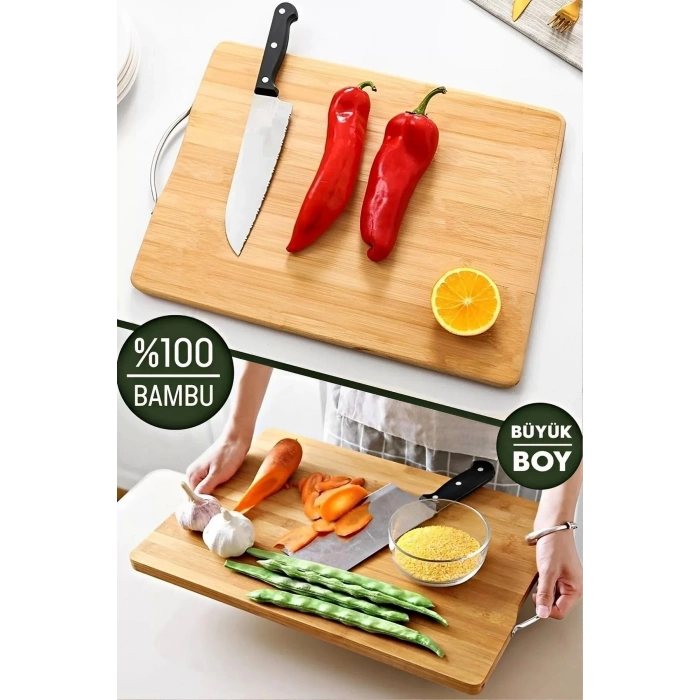 Bambu Kesme Tahtası Lüx Büyük Boy Çelik Saplı Peynir Servis Sunum Tepsi Et