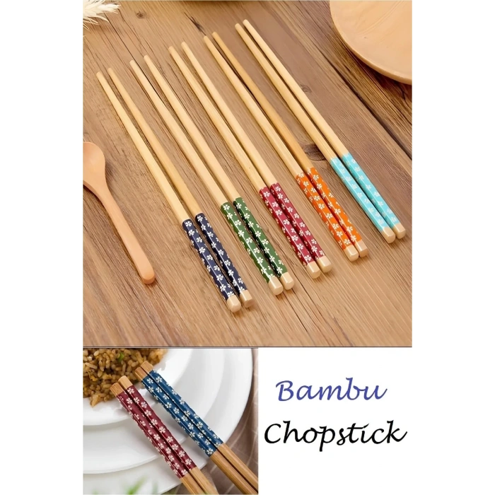 Bambu Chopstick 5 Li Desenli Yıkanabilir Çin Çubuk Suşi Ramen Noodle Yemek Çubuğu