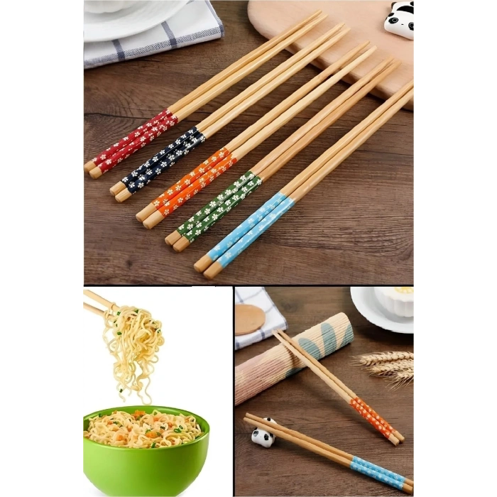 Bambu Chopstick 5 Li Desenli Yıkanabilir Çin Çubuk Suşi Ramen Noodle Yemek Çubuğu