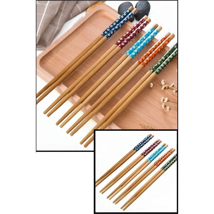 Bambu Chopstick 5 Li Desenli Yıkanabilir Çin Çubuk Suşi Ramen Noodle Yemek Çubuğu