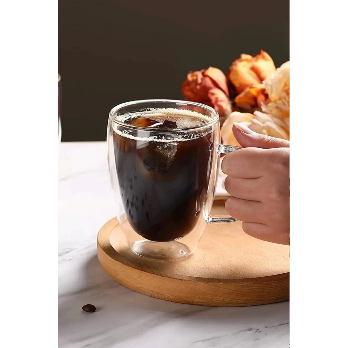 Çift Cidarlı Bardak Cam Kupa 350 Ml Ev Ofis Espresso Kahve Fincanı Borosilikat Kulplu Çay Bardağı El