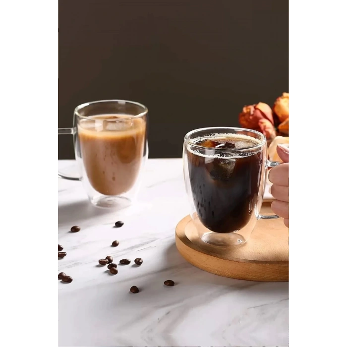 Çift Cidarlı Bardak Cam Kupa 350 Ml Ev Ofis Espresso Kahve Fincanı Borosilikat Kulplu Çay Bardağı El