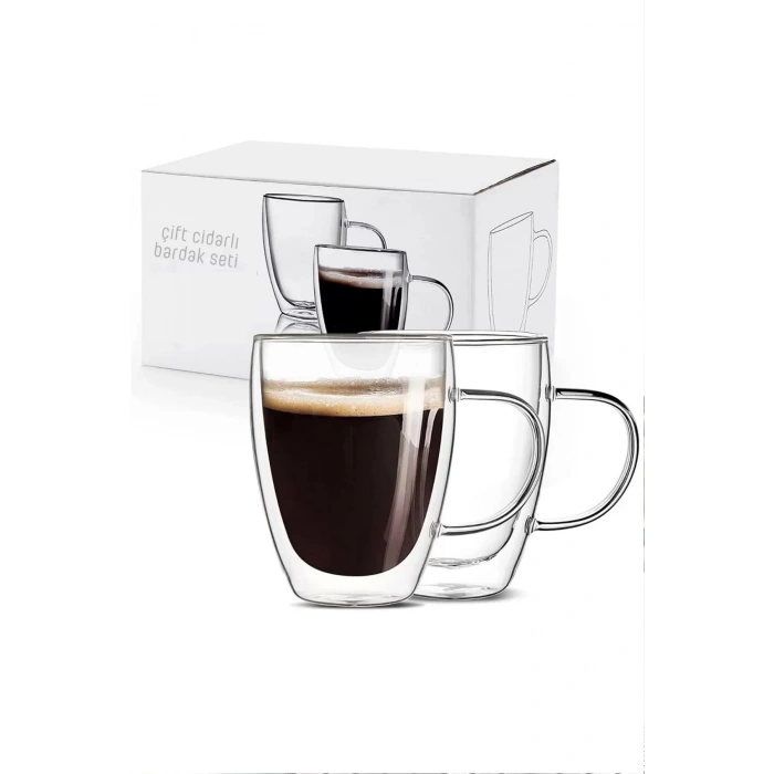 Çift Cidarlı Bardak Cam Kupa 350 ml Espresso Kahve Fincanı Borosilikat Kulplu Çay Bardağı