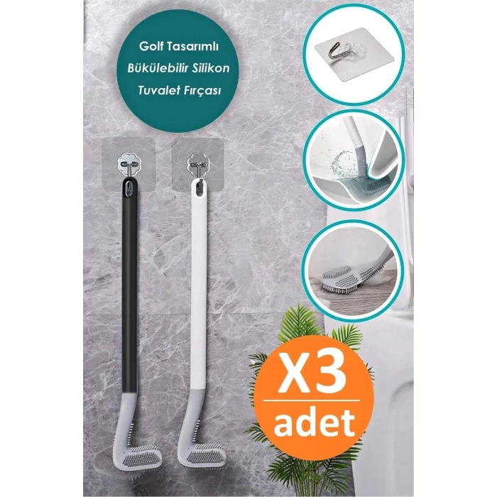 3 Adet Golf Tuvalet Fırçası Bükülebilir Duvara Monte Silikon Wc Klozet Banyo Küvet Temizlik Fırçası