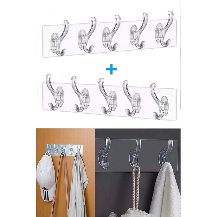 2 Adet Şeffaf Askılık Duvar Askısı 5li Iz Bırakmayan Güçlü Yapışkanlı Banyo Mutfak Kanca