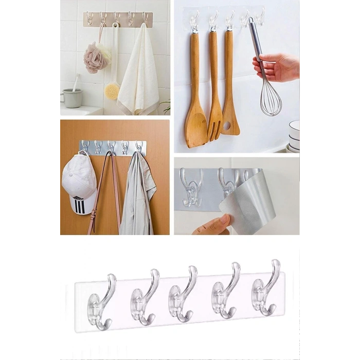 2 Adet Şeffaf Askılık Duvar Askısı 5li Iz Bırakmayan Güçlü Yapışkanlı Banyo Mutfak Kanca